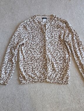 J. Crew Cream & Tan Leopard Print Cardigan Sweater Merino Wool